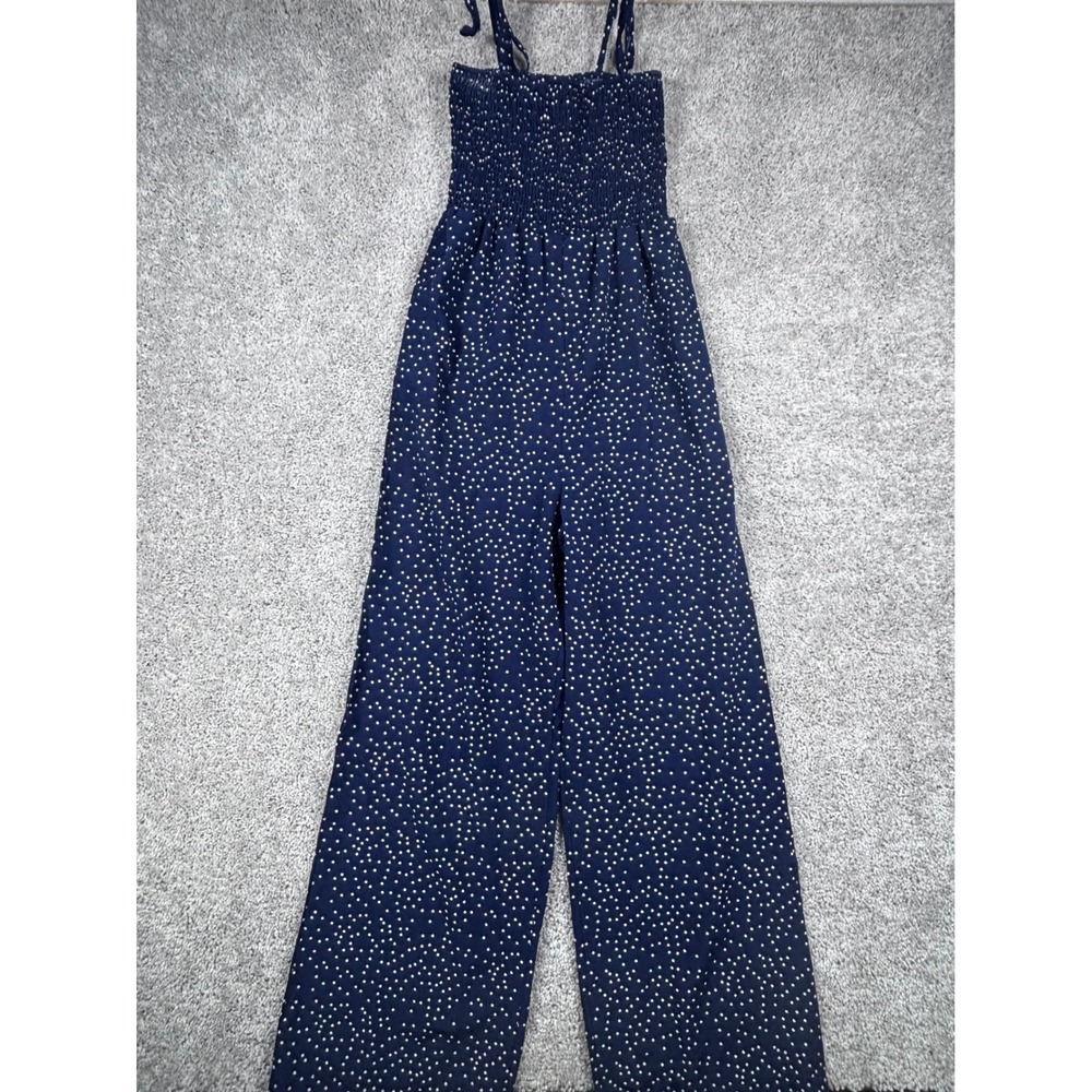 SHEIN Navy Blue Polka Dot Smocked Wide Leg Jumpsuit‎ Tie Strap Women Small S